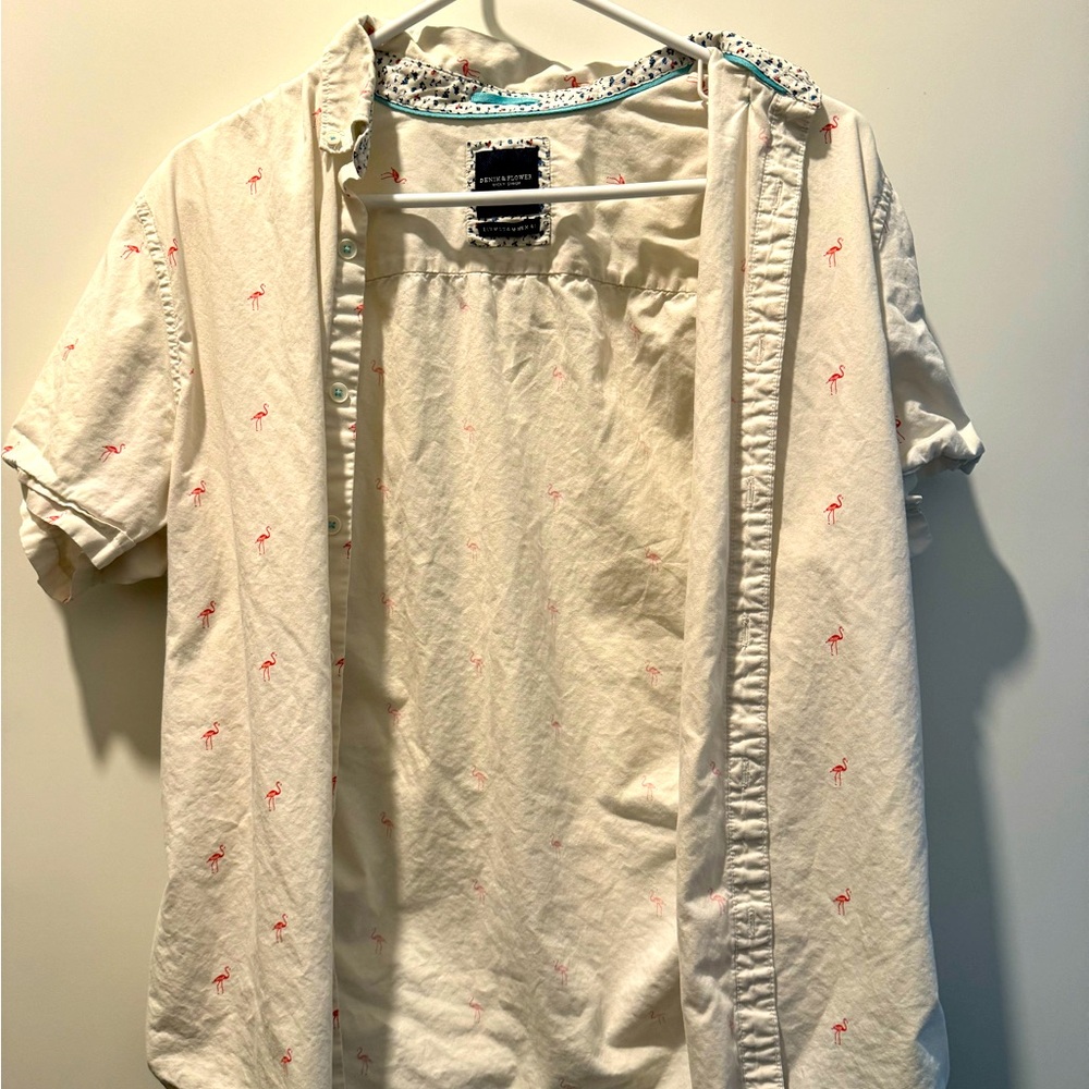White casual dress shirt with flamingo design